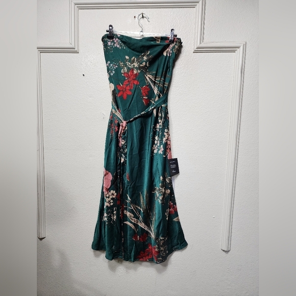 Lulus Seasonal Bliss Emerald Floral Print Satin Strapless Midi Dress S Wedding - Picture 6 of 8
